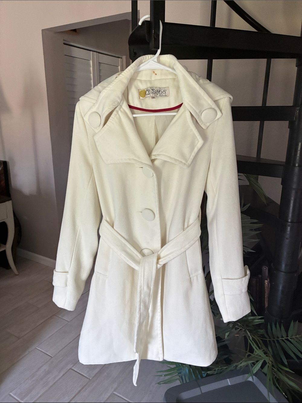 Ci Sono Soft Wool Cream removable Hooded Belted Trench Coat